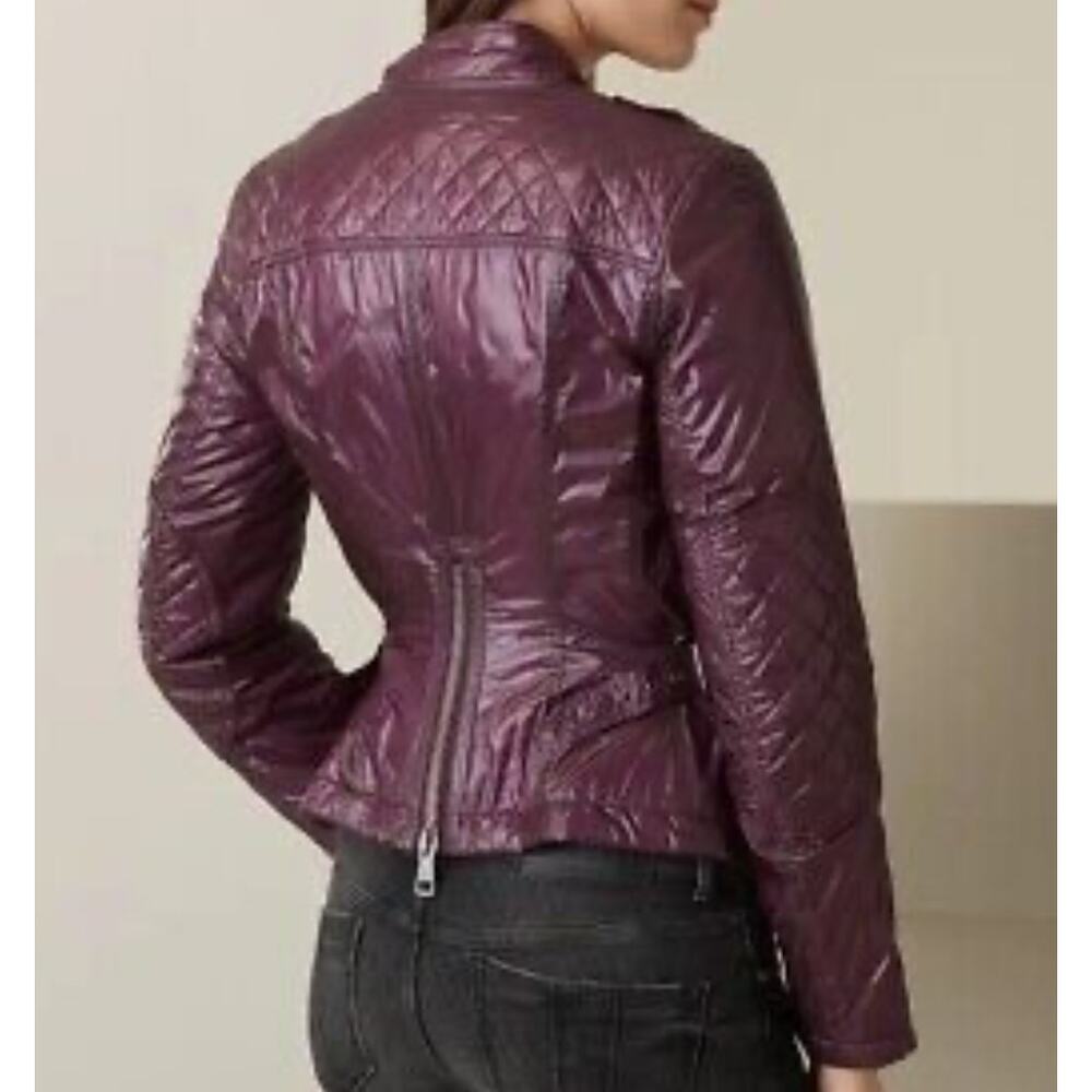 Burberry Brit Quilted Jacket Motorcycle Moto Plum Gunmetal Hardware US 14 - Picture 10 of 16